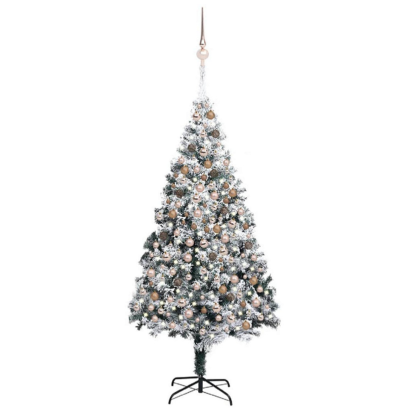 VidaXL 8' Green Artificial Christmas Tree with LED Lights & 120pc Gold Ornament Set Image