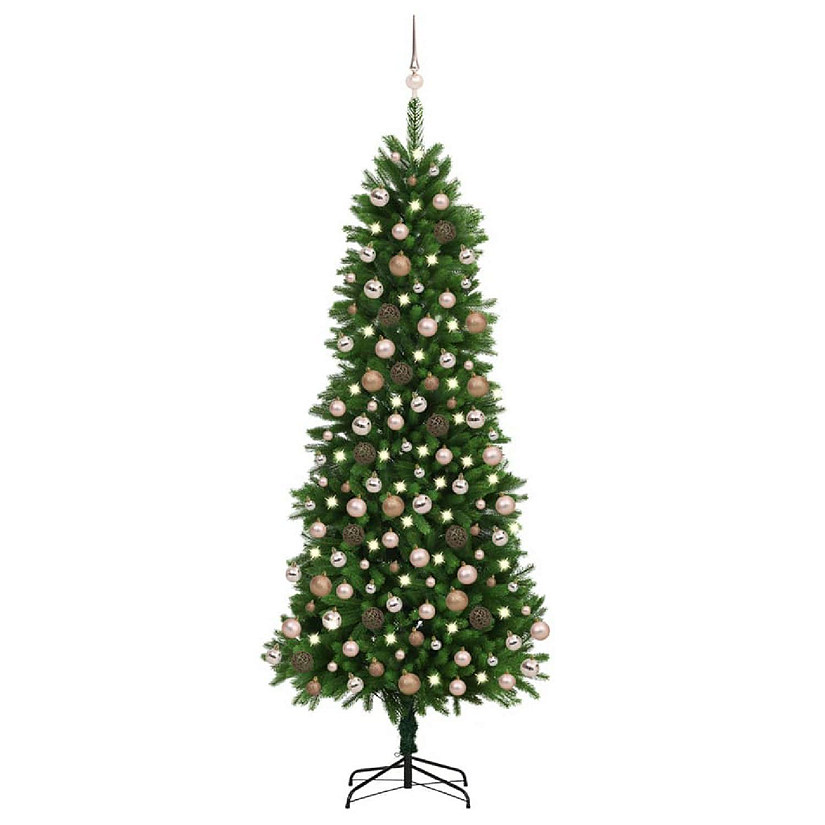 VidaXL 8' Green Artificial Christmas Tree with LED Lights & Gold/Bronze Ornament & 1560pc Branch Set Image