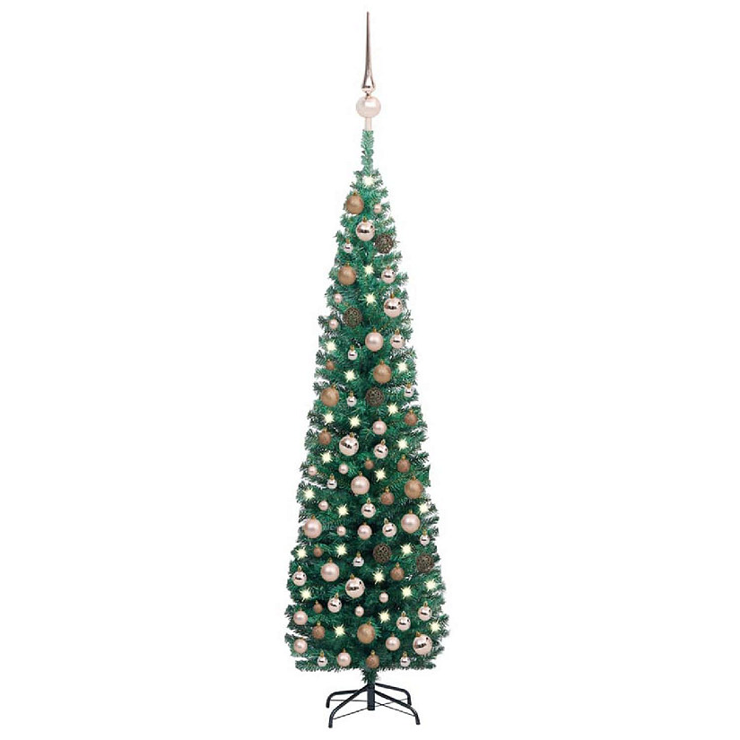 vidaXL 8' Green PVC/Steel/Plastic Slim Artificial Christmas Tree with LED Lights & 61pc Ornament Set Image