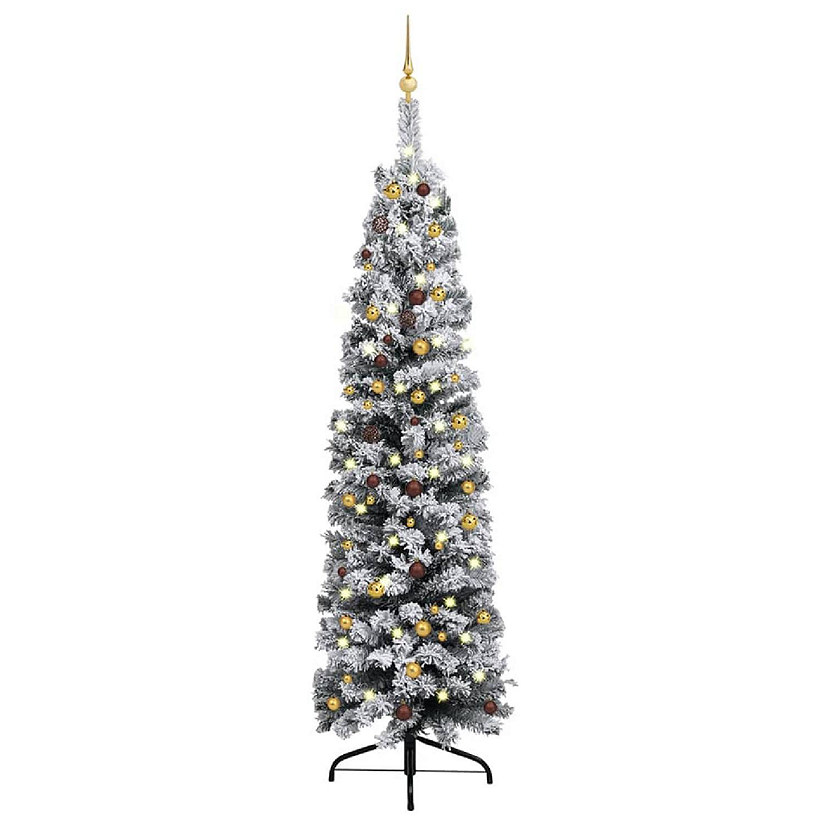 vidaXL 8' Green PVC/Steel/Plastic Slim Artificial Christmas Tree with LED Lights & Gold/Bronze Ornament Set Image