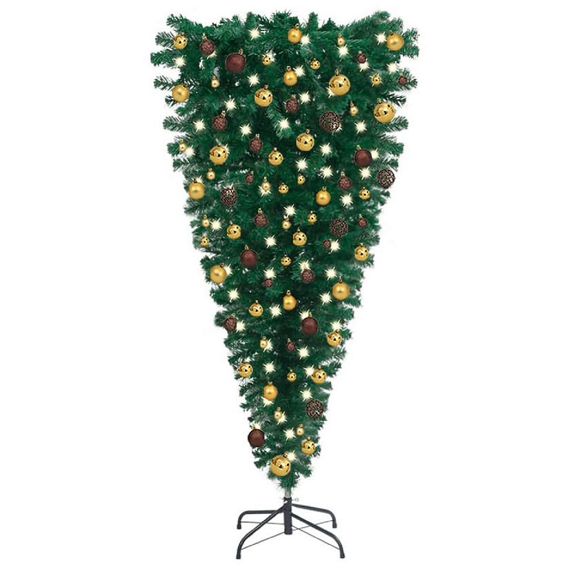 vidaXL 8' Green Upside-down Artificial Christmas Tree with LED Lights & 61pc Gold/Bronze Ornament Set Image
