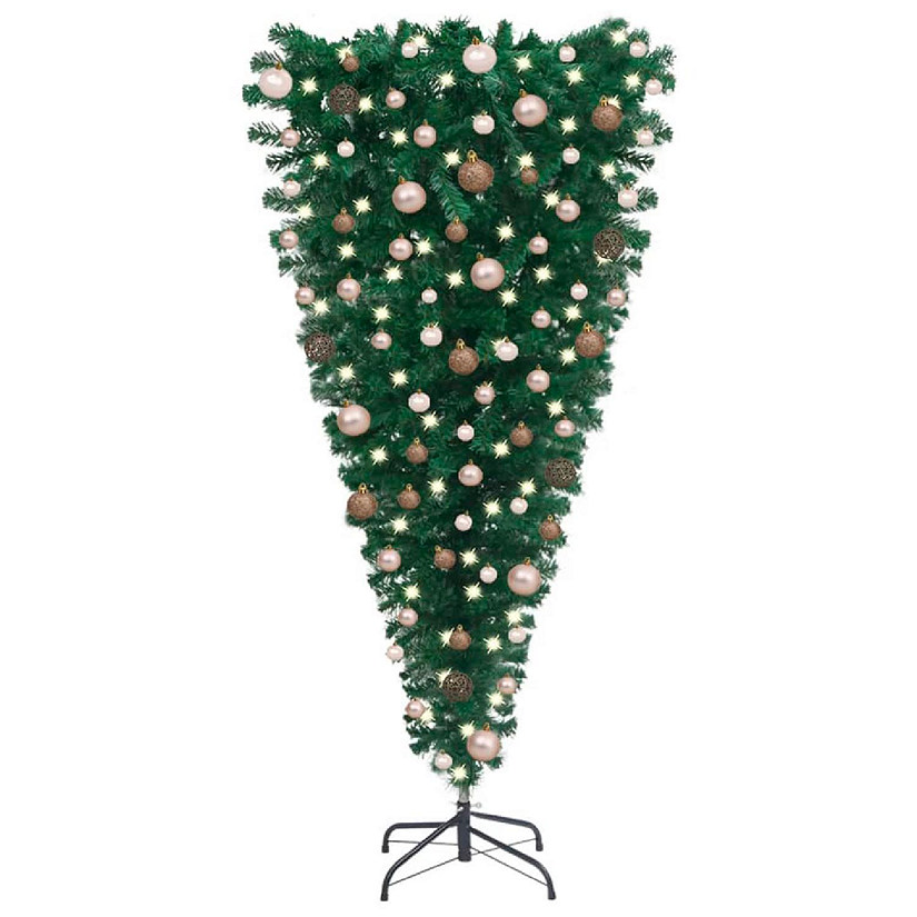 vidaXL 8' Green Upside-down Artificial Christmas Tree with LED Lights & 61pc Gold Ornament Set Image