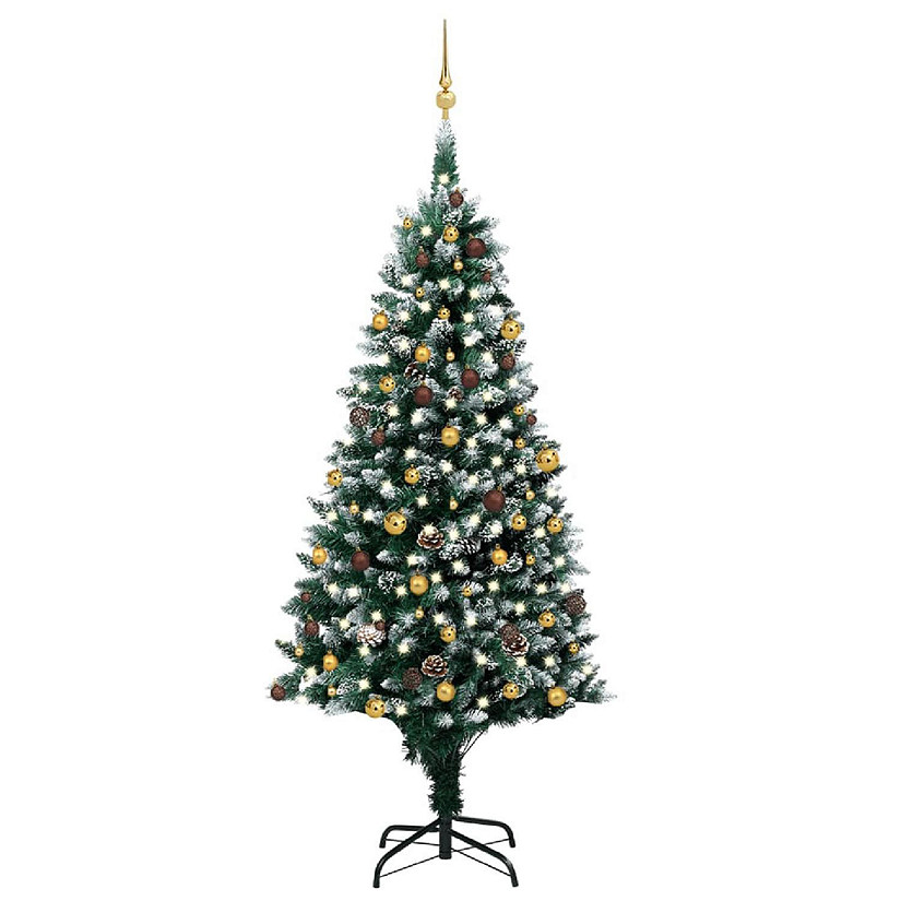 VidaXL 8' Green/White Artificial Christmas Tree with LED Lights & 120pc Gold/Bronze Ornament Set Image