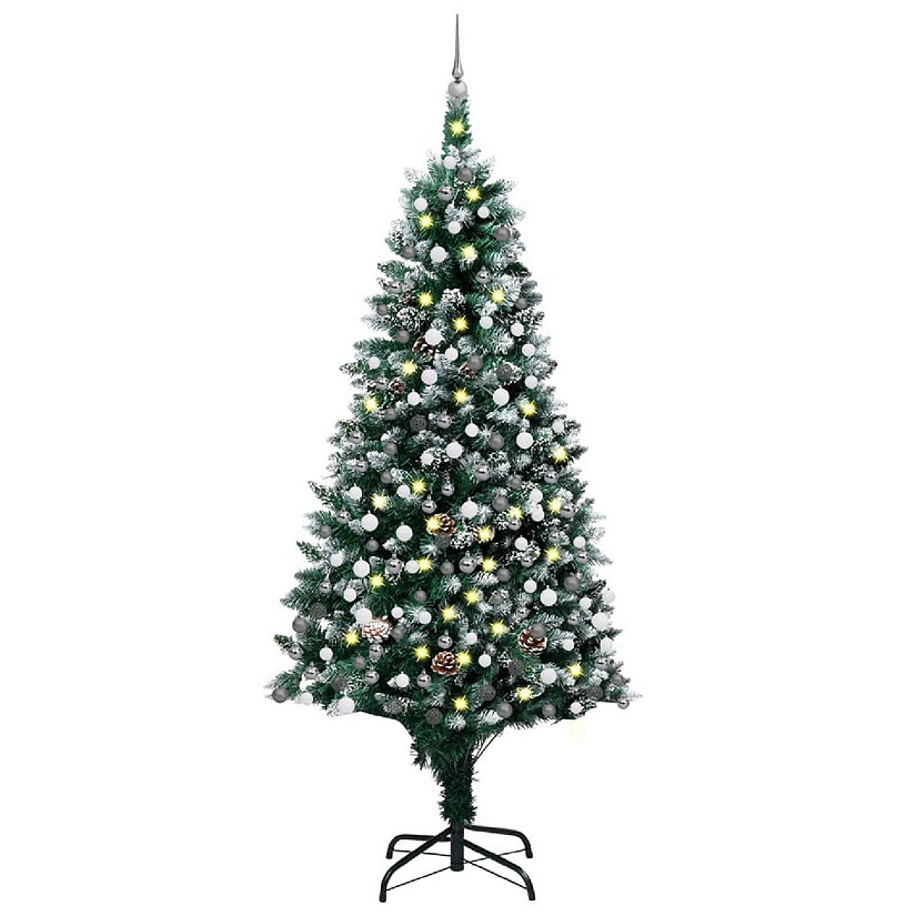 VidaXL 8' Green/White Artificial Christmas Tree with LED Lights & White/Gray Ornament Set Image