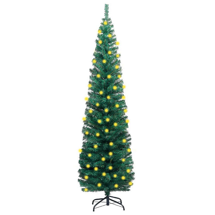 vidaXL 8' PVC/Steel Slim Artificial Christmas Tree with LED Lights & Stand Image
