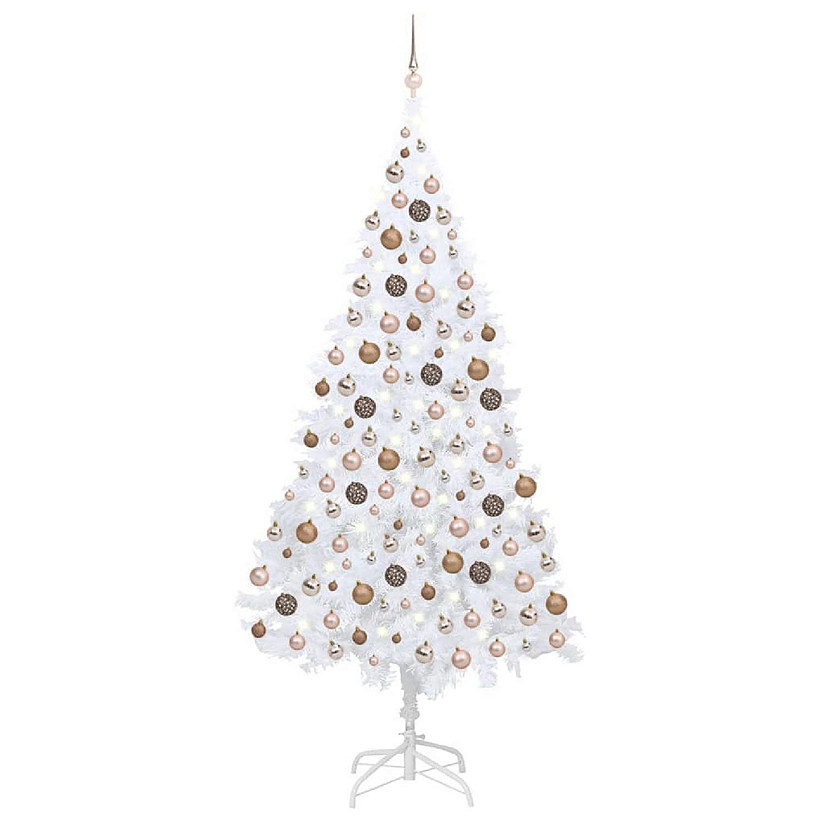 VidaXL 8' White Artificial Christmas Tree with 300pc LED Lights & 120pc Gold Ornament Set Image