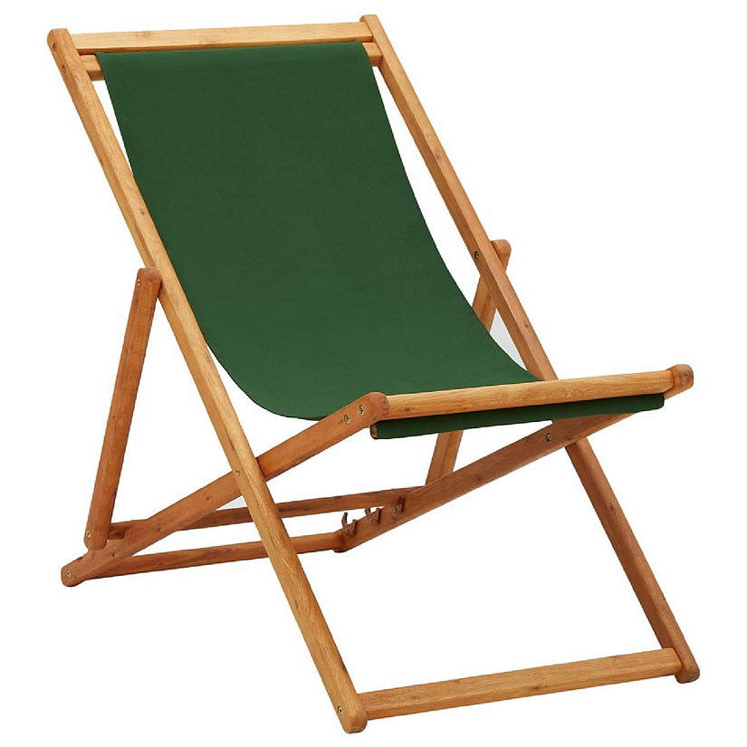vidaXL Folding Beach Chair Eucalyptus Wood and Fabric Green Image