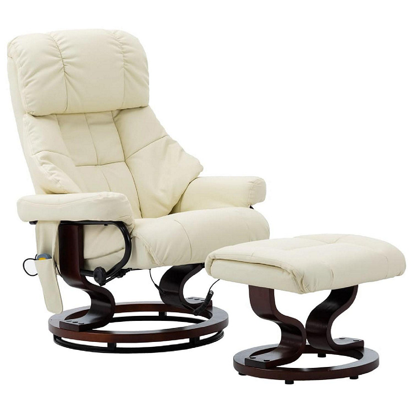 vidaXL Massage Recliner with Ottoman Cream Faux Leather and Bentwood Image