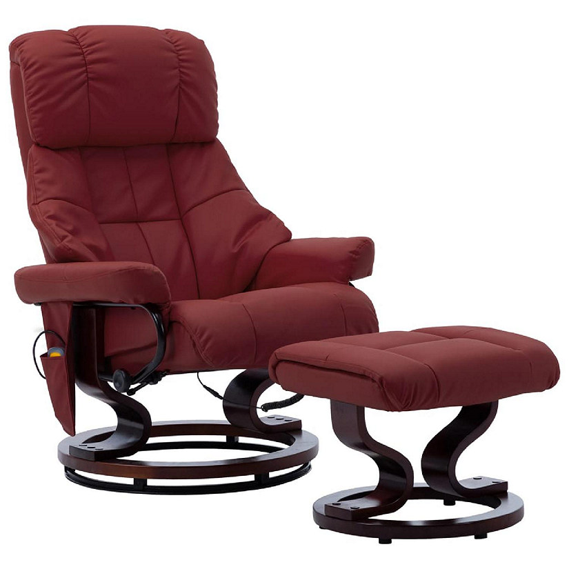 vidaXL Massage Recliner with Ottoman Wine Red Faux Leather and Bentwood Image