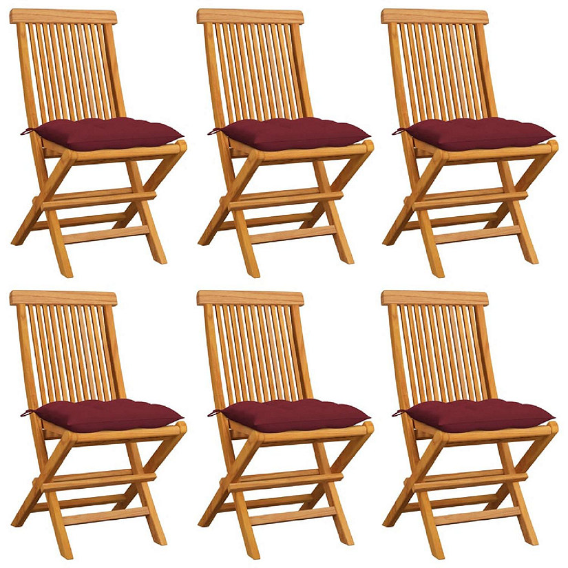 vidaXL Outdoor Chairs with Wine Red Cushions 6 pcs Solid Teak Wood Image