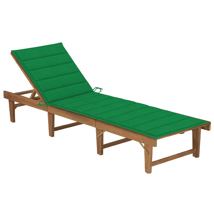 vidaXL Solid Acacia Wood Folding Sun Lounger with Green Cushion Image