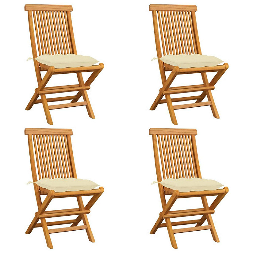 vidaXL Solid Teak Wood Patio Chairs with Cream White Cushions 4 pcs Image