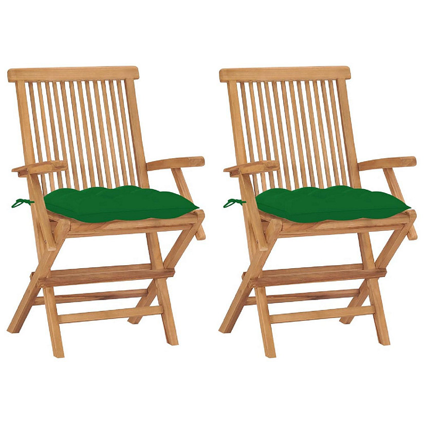vidaXL Solid Teak Wood Patio Chairs with Green Cushions 2 pcs Image