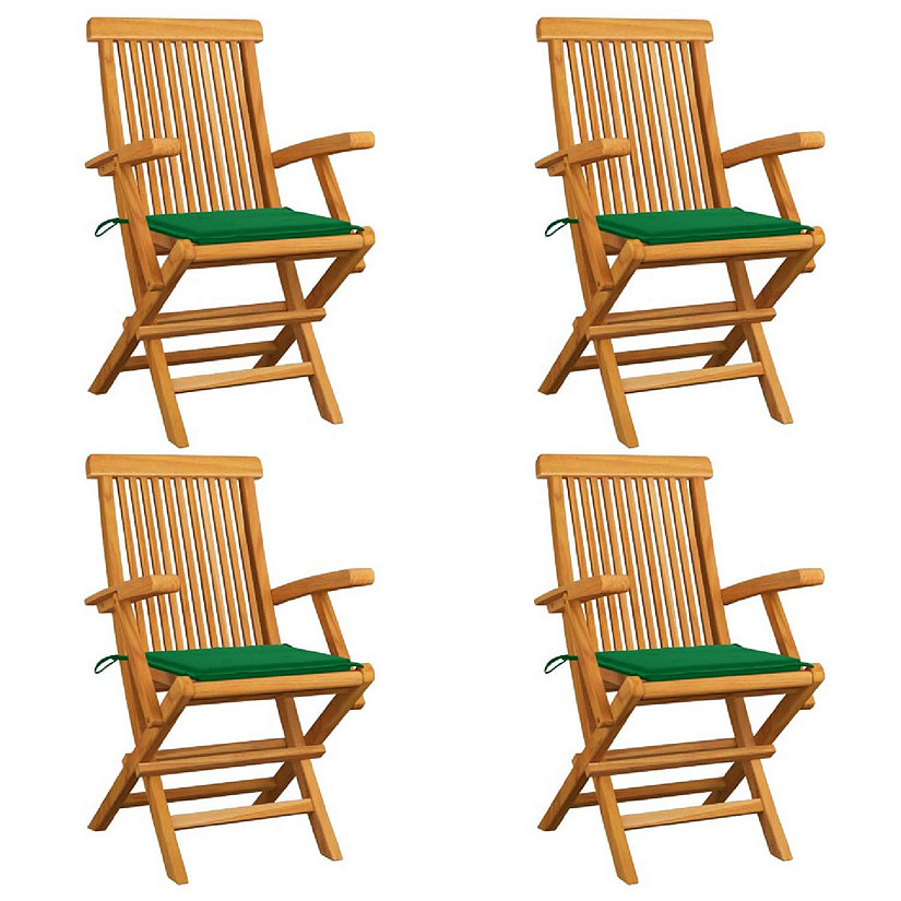 vidaXL Solid Teak Wood Patio Chairs with Green Cushions 4 pcs Image