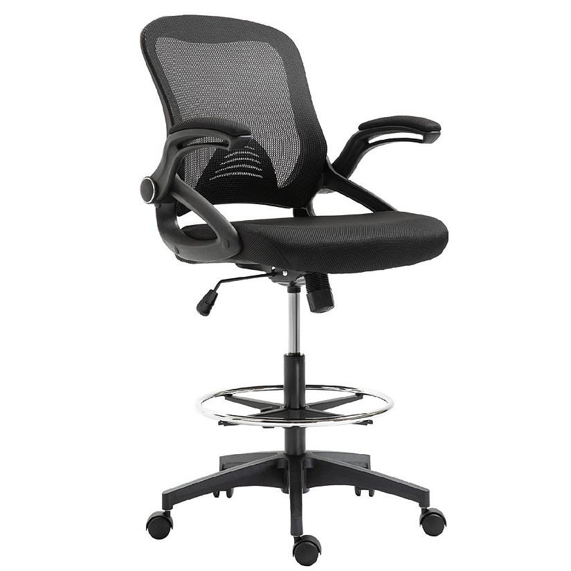 Vinsetto Drafting Office Chair Lumbar Support Flip Up Armrests Footrest Ring and Adjustable Seat Height Black Image