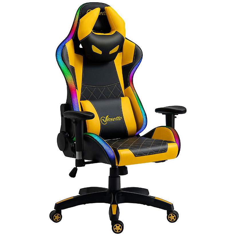 Vinsetto High Back Racing Style Gaming Chair with RGB LED Lights Computer Office Chair with Head and Lumbar Pillow and Adjustable Armrests / Yellow