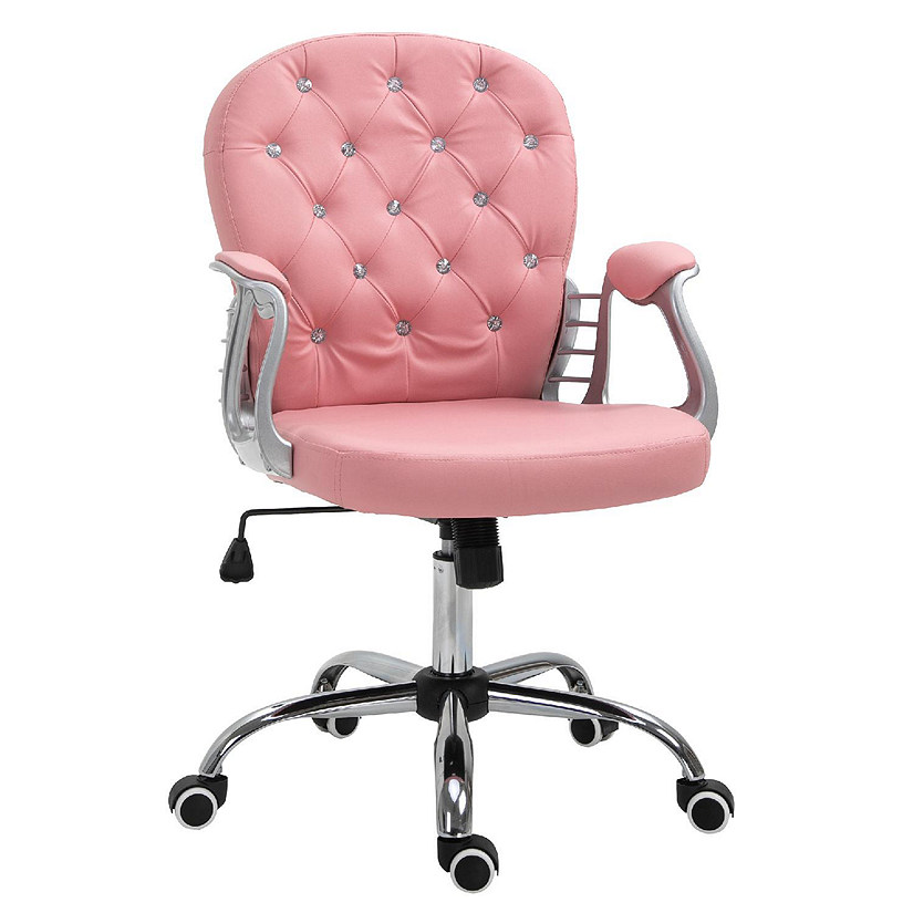 Vinsetto Vanity PU Leather Mid Back Office Chair Swivel Tufted Backrest Task Chair Padded Armrests Adjustable Height Rolling Wheels Pink Image