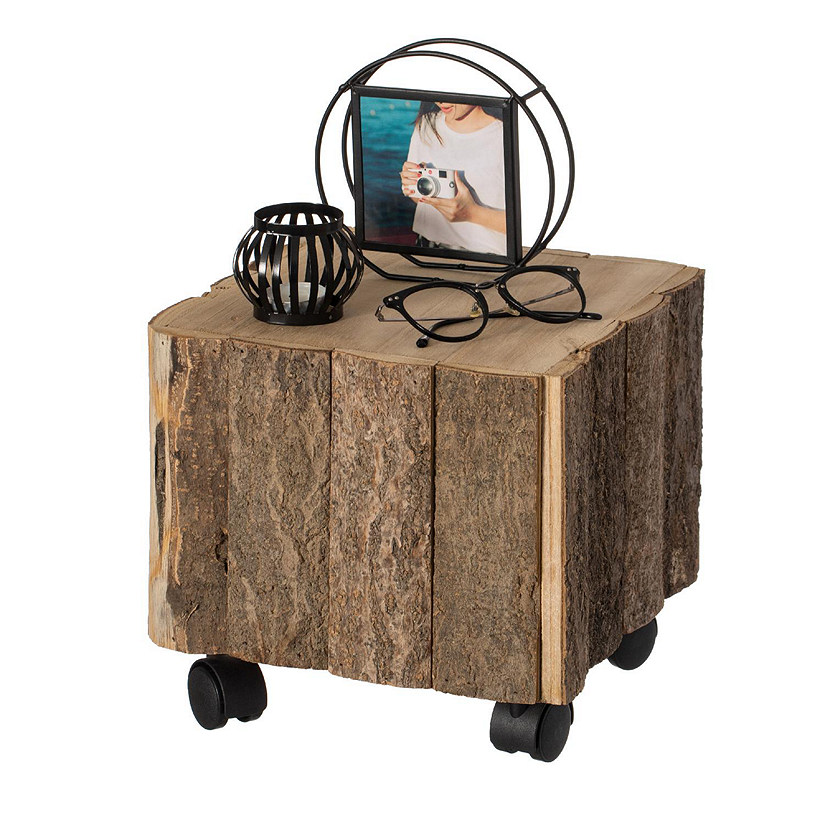 Vintiquewise Accent Decorative Natural Wooden Square Stump Stool, with Wheels for Indoor and Outdoor Image