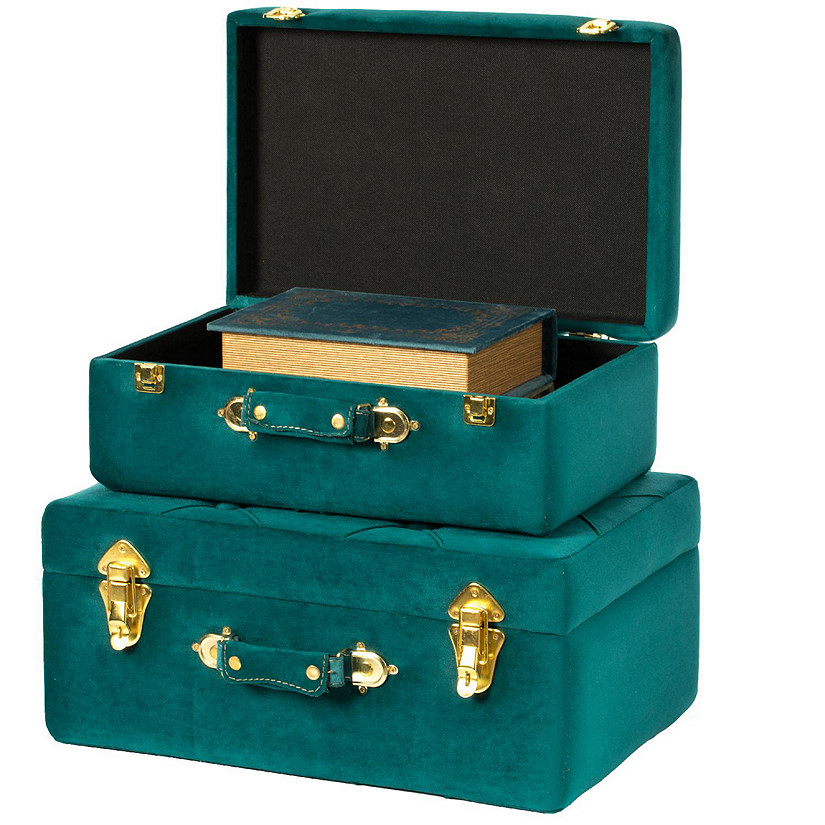Vintiquewise Decorative Tufted Velvet Suitcase Treasure Chest Set of 2, Green Image