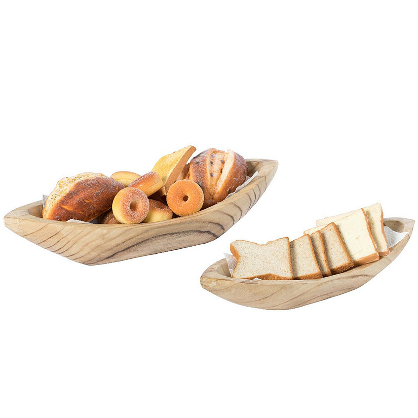 Vintiquewise Wood Carved Boat Shaped Bowl Basket Rustic Display Tray - Set of 2 Image