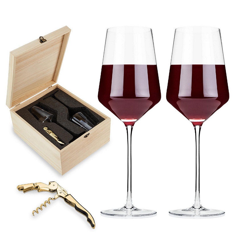 Viski Stemmed Red Wine Glasses with Gold Corkscrew - Wooden Wine Gift Box - 16oz Set of 3 Image