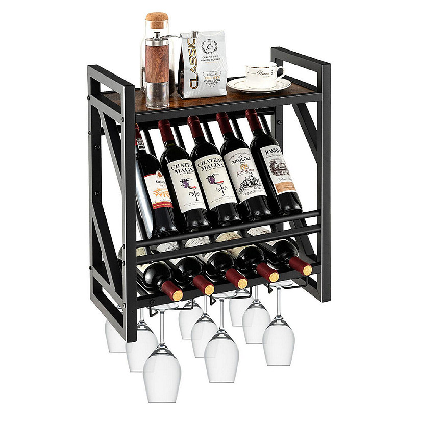 Wall Mounted Rustic Wine Rack 10 Bottles Wine Display Holder W/ Glass
