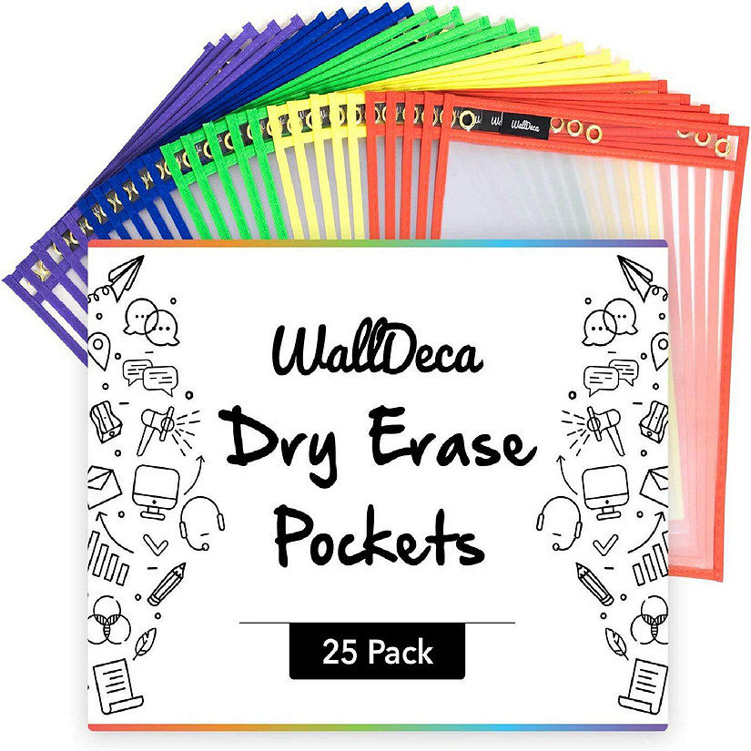WallDeca Dry Erase Pocket Sleeves Assorted Colors (25-Pack), 8.5" x 11" Image
