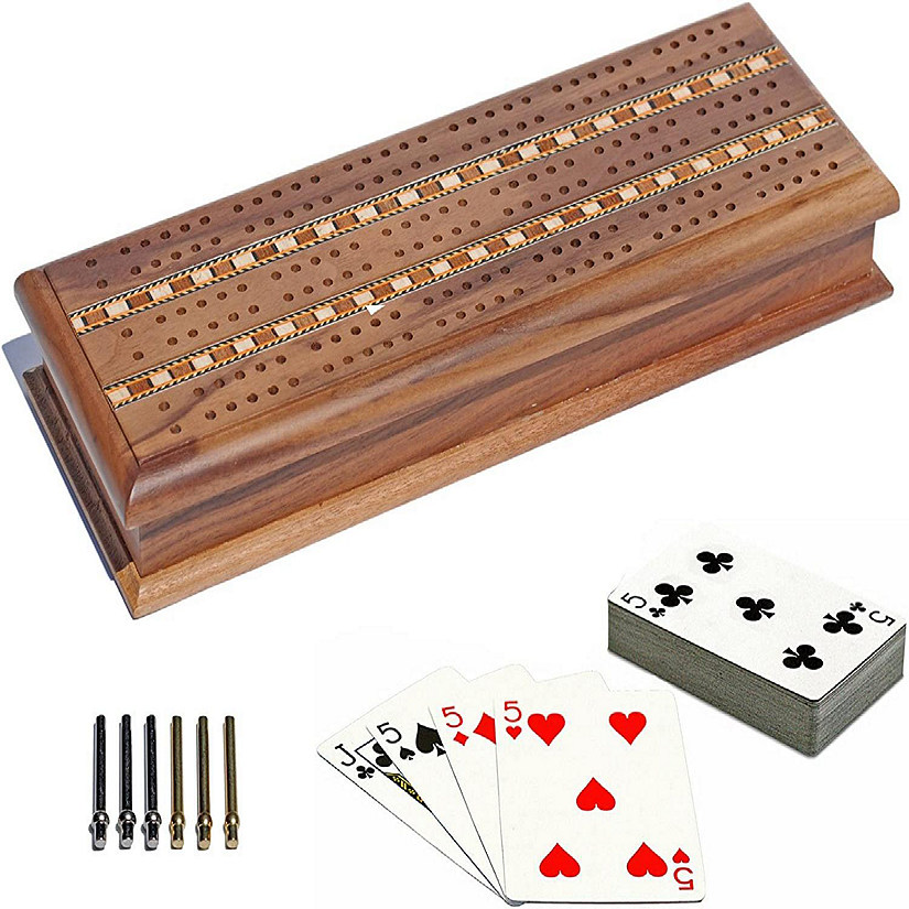 WE Games 3 Track Sprint Cabinet Cribbage Set with Metal Pegs & 2 Card Decks Image