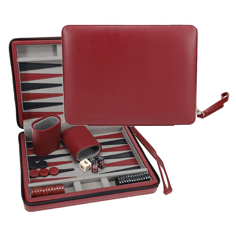 WE Games Burgundy Travel Leatherette Backgammon Set Oriental