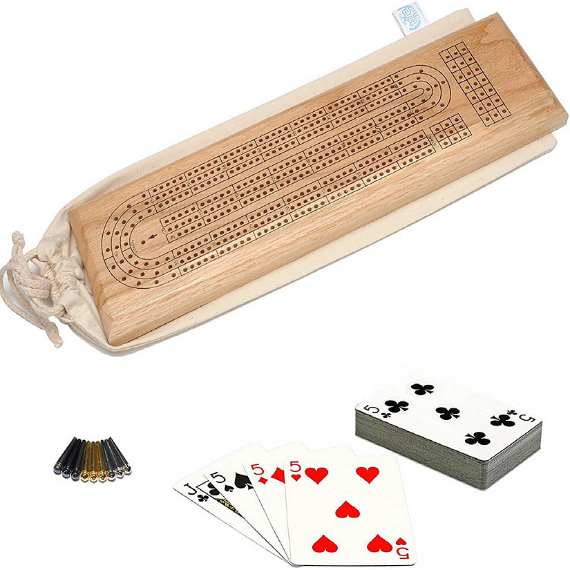 WE Games Deluxe Cribbage Set - Solid Oak Wood Continuous 3 Track Board Image
