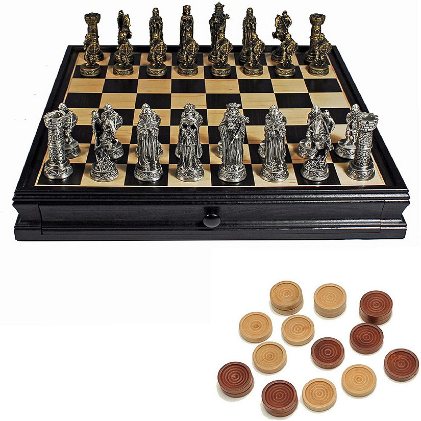 WE Games Medieval Chess & Checkers Game Set - Pewter Chessmen & Black Stained Wood Board with Storage Drawers 15 in. Image