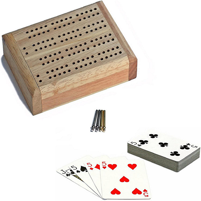 WE Games Mini Travel Cribbage Set - Solid Wood 2 Track Board with Swivel Top and Storage for Cards and Metal Pegs Image