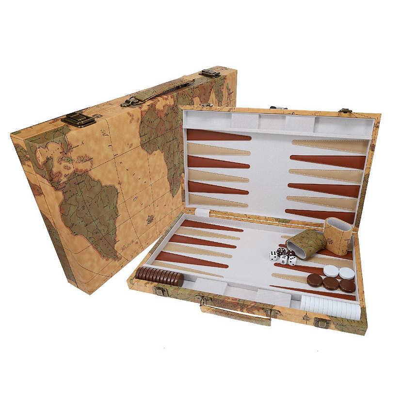 WE Games Tan Map Style Leatherette Backgammon Set, 18 x 11 in. closed Image