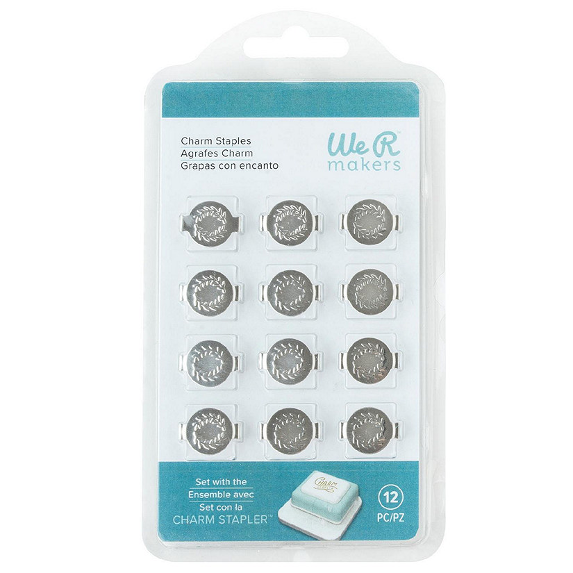 We R Charm Stapler Charm 12/Pkg-Silver Round With Leaf Emboss Image