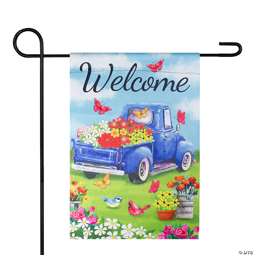 Welcome Blue Pickup Truck with Spring Flowers Outdoor Garden Flag 12.5" x 18" Image