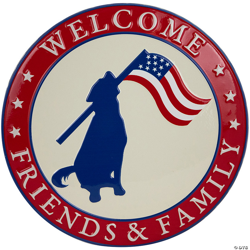 Welcome Friends and Family Patriotic Dog Metal Wall Sign - 13.75" Image