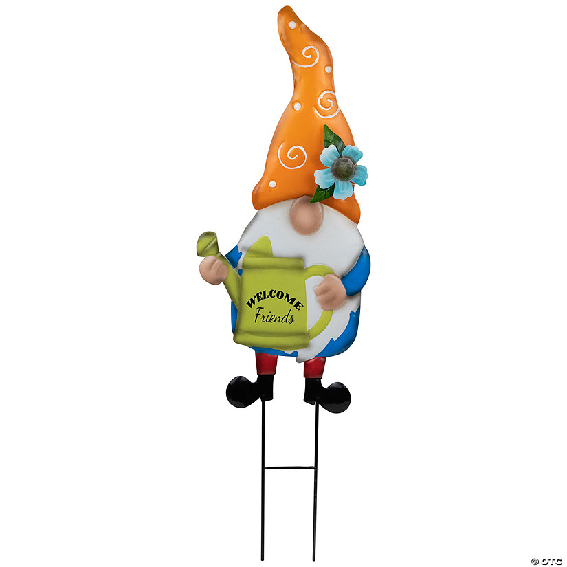 Welcome Friends Gnome Spring Outdoor Garden Stake - 22" - Orange Image