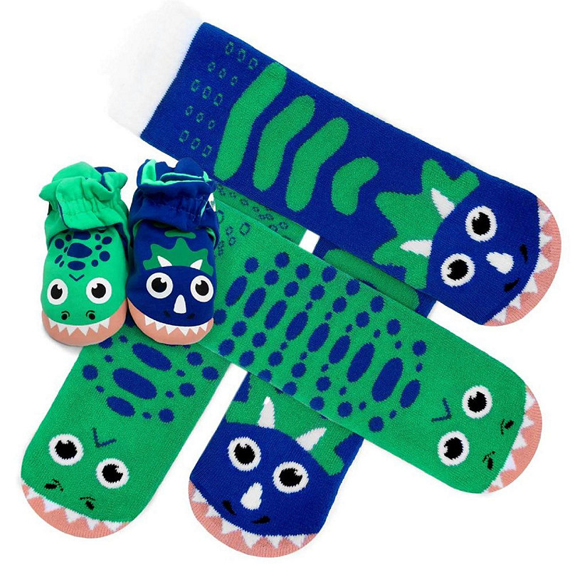 Welcome Tiny Human! Gift Bundle for New Parents, 2 Pairs Mismatched Dinosaurs Pals + Non-Slip Baby Booties! (size: Adult Large socks + 12-18 Months booties) Image