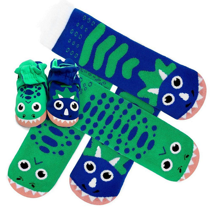 Welcome Tiny Human! Gift Bundle for New Parents, 2 Pairs Mismatched Dinosaurs Pals + Non-Slip Baby Booties! (size: Adult Large socks + 6-12 Months booties) Image