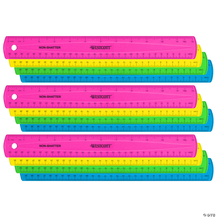 Westcott 12" Shatterproof Ruler with Anti-Microbial, Assorted Translucent Colors, Pack of 12 Image