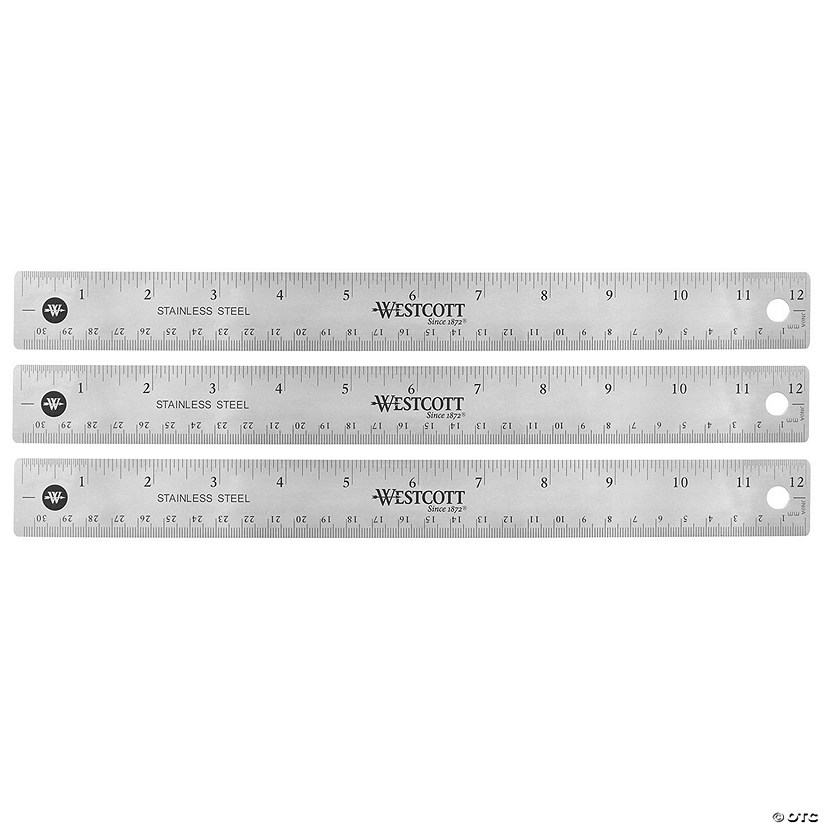 Westcott 12" Stainless Steel Office Ruler With Non Slip Cork Base, Pack of 3 Image