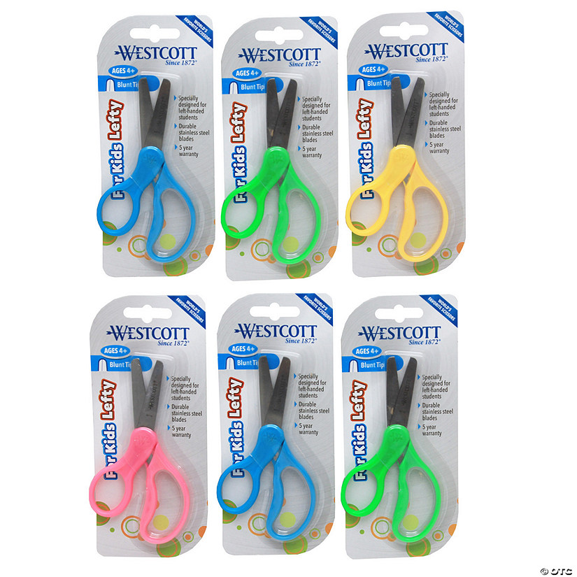 Westcott School Kumfy Grip Left-Handed Kids Scissors, 5 Blunt, Assorted Colors Pack of 6