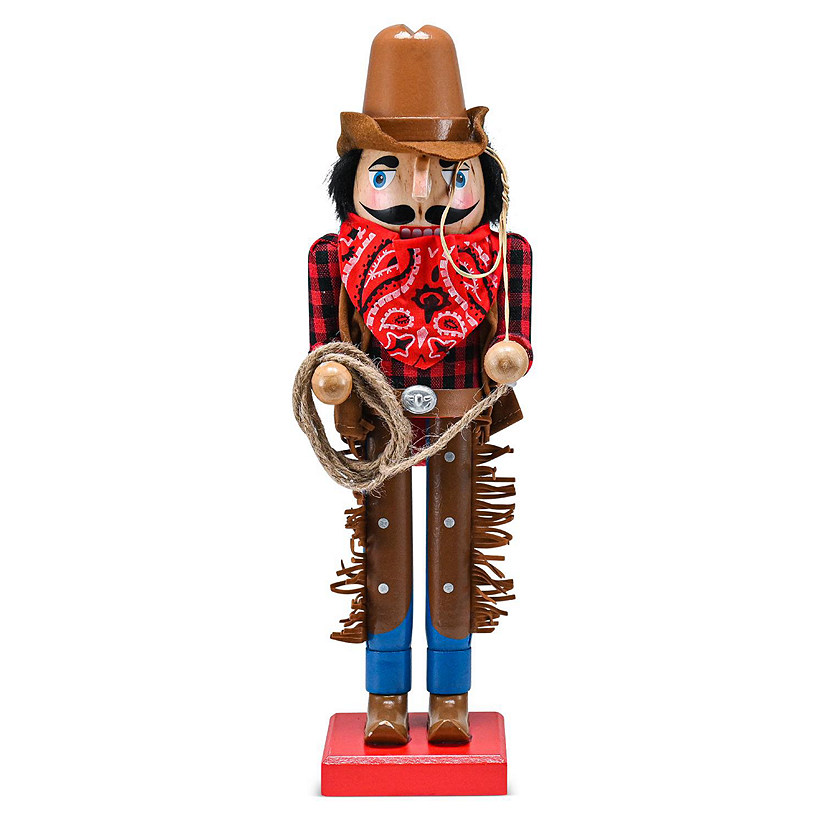 Western Cowboy Nutcracker Brown and Red Wooden Nutcracker Cow Boy with a Rope and Lasso Image