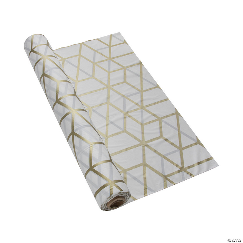 White & Gold Print Plastic Tablecloth Roll Oriental Trading