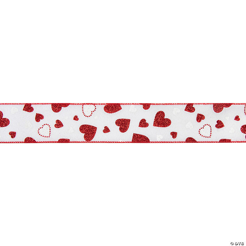 White and Red Glitter Hearts Valentine's Day Wired Craft Ribbon 2.5" x 10 Yards Image