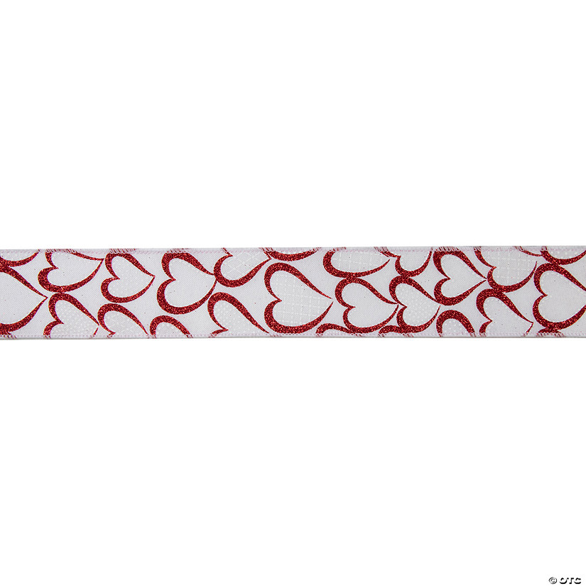 White and Red Glitter Hearts Valentine's Wired Craft Ribbon 2.5" x 10 Yards Image