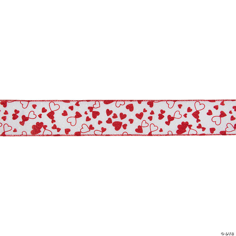 White and Red Glittered Hearts Valentine's Day Wired Craft Ribbon 2.5" x 10 Yards Image