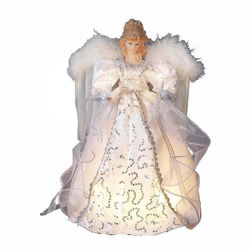 White and Silver Angel with Gold Feather Wings Light Up Christmas Tree Topper Image