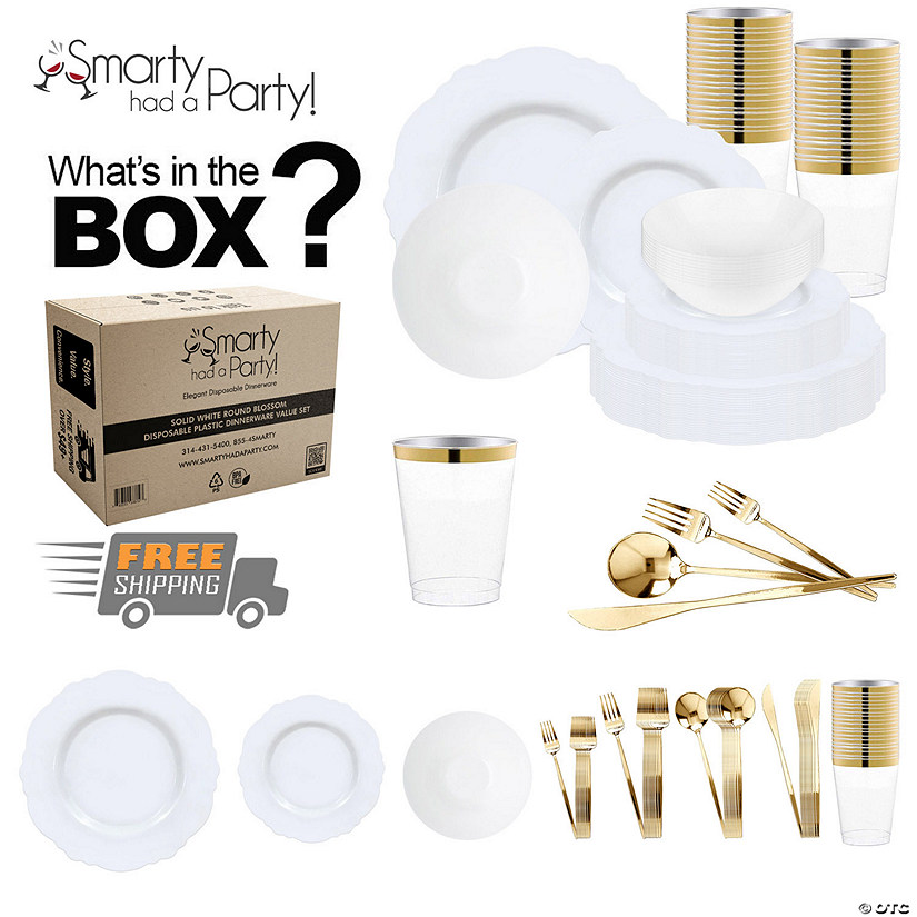 White Blossom Rim Disposable Plastic Tableware Set - 60 Settings Image