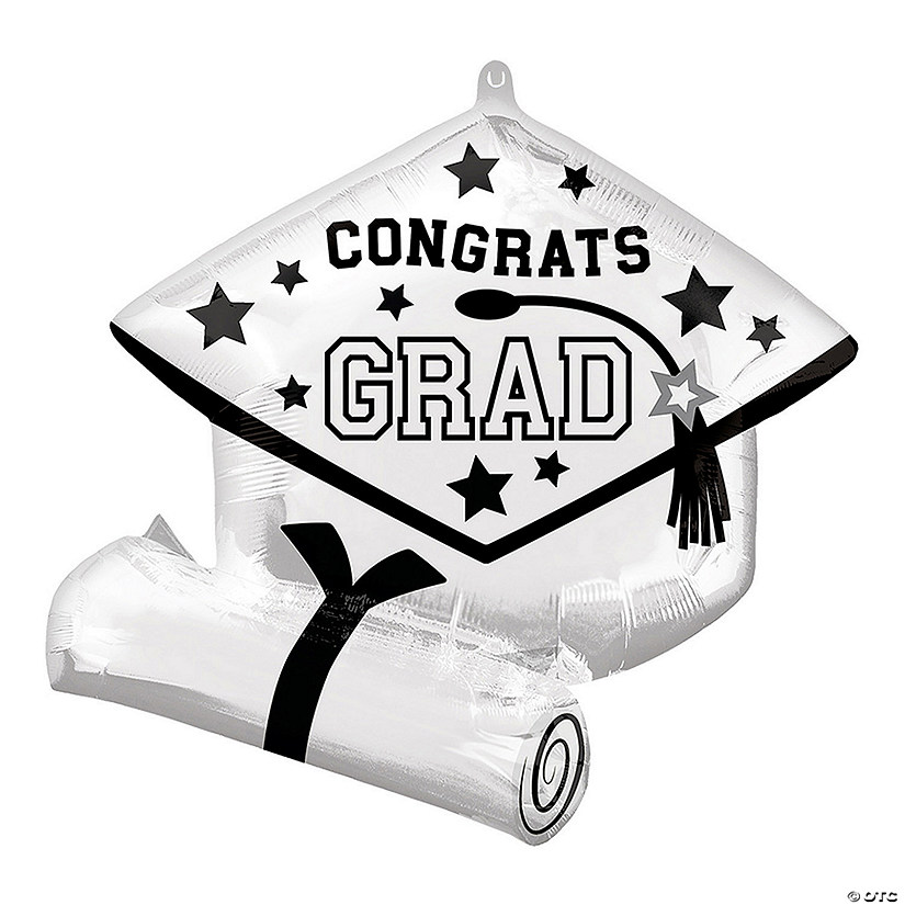 White Congrats Grad Diploma & Cap 25" Mylar Balloon Image